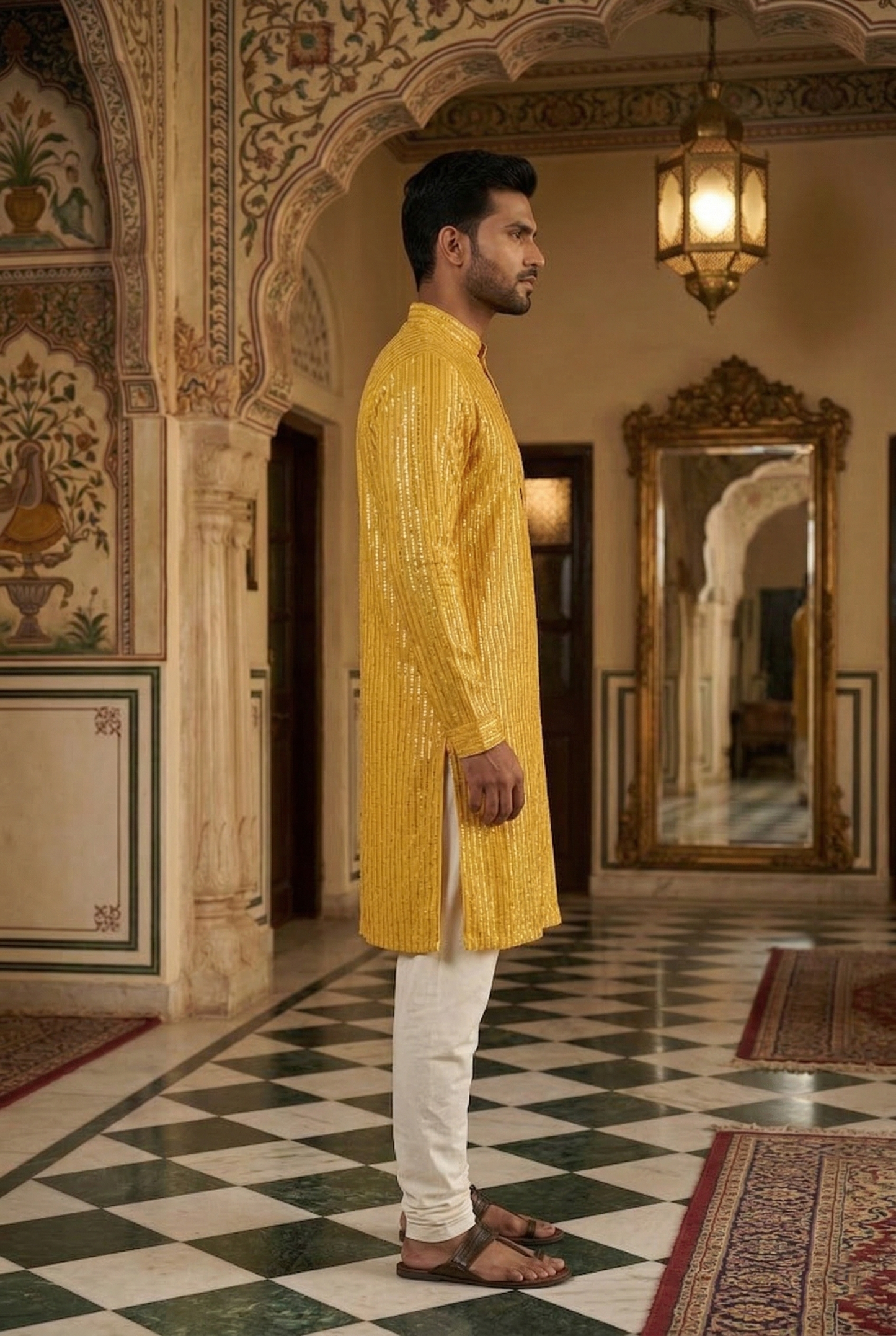 Men's Mustard Yellow Sequin Designer Kurta Pajama