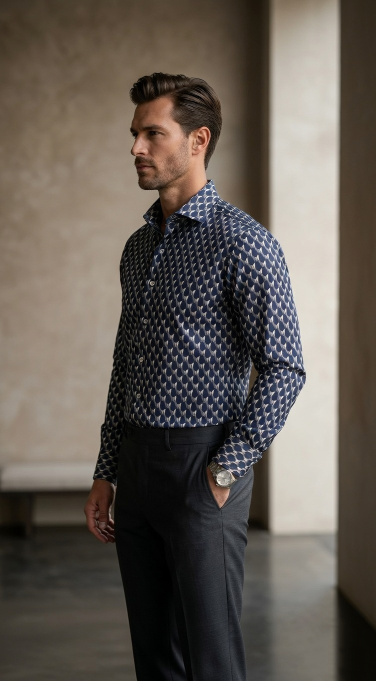 Designer Men'sGeometric Hexagon Print Shirt , Navy & Slate 3D Optical Motif