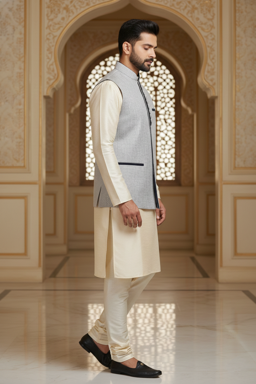 Light Grey Nehru Jacket with Cream Kurta Set
