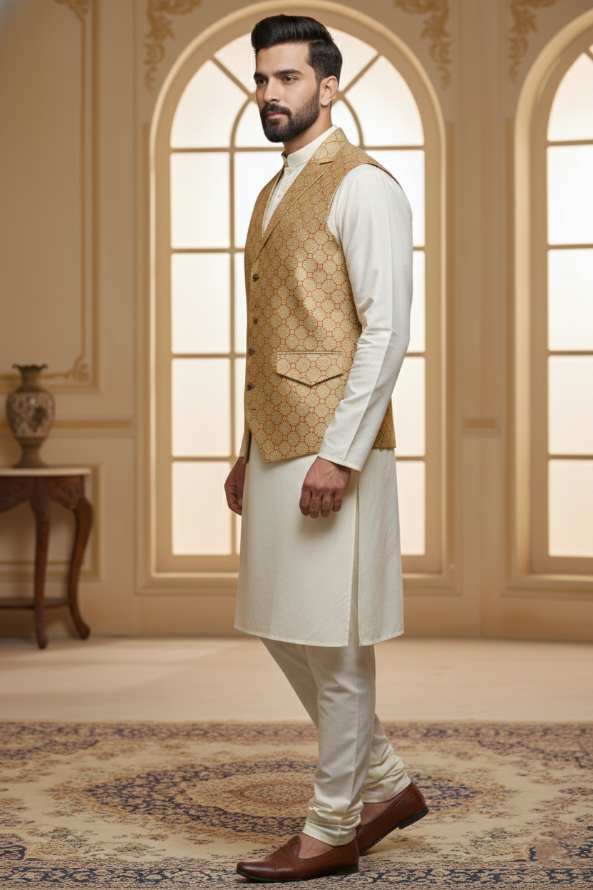 Men’s Cream Designer Waistcoat | Red Line Work Slim Fit Festive Vest