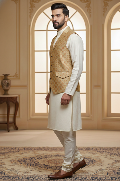 Men’s Cream Designer Waistcoat | Red Line Work Slim Fit Festive Vest