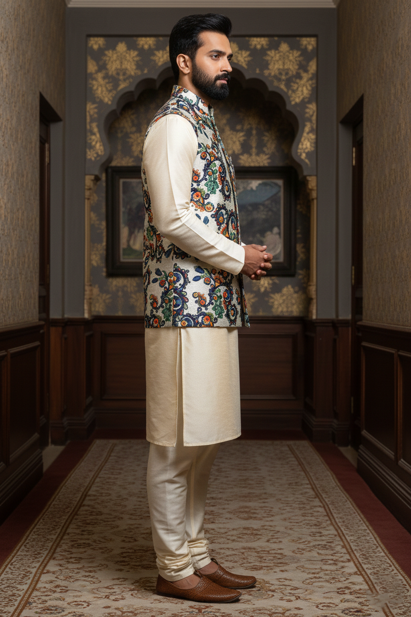 Title: Ornate Heritage: The Multi-Chrome Botanical Nehru Ensemble