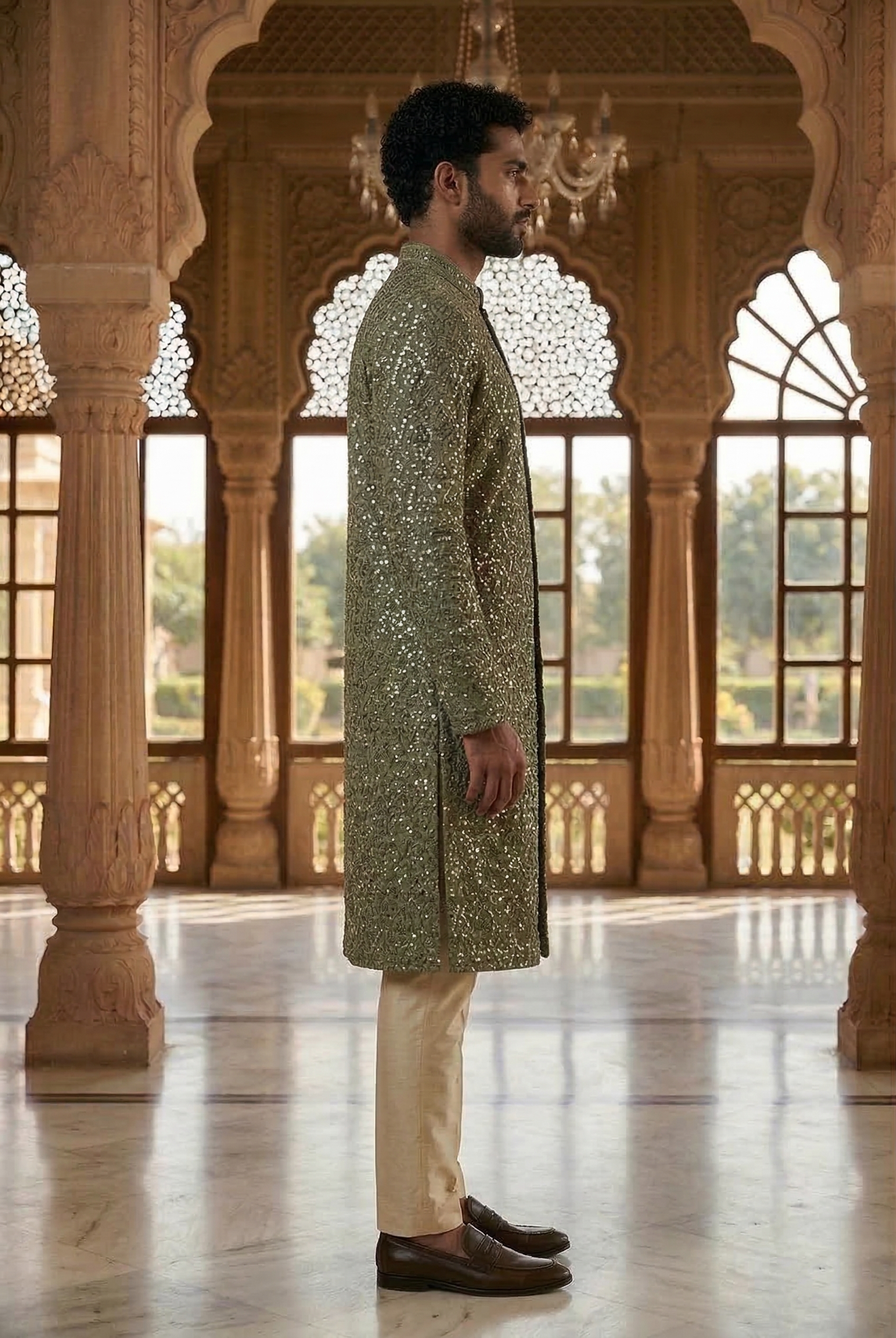 Men's Olive Mirror Work Designer Kurta Pajama with Stole