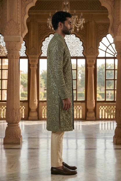 Men's Olive Mirror Work Designer Kurta Pajama with Stole