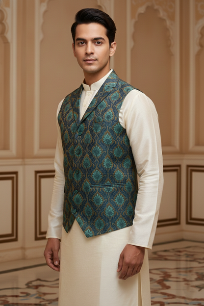 Men’s Navy Blue Nehru Jacket with Light Blue & Orange Thread Work | Festive Ethnic Waistcoat