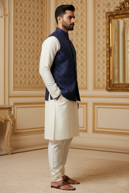 Men’s Royal Blue Nehru Jacket with Textured Work | Ethnic Waistcoat