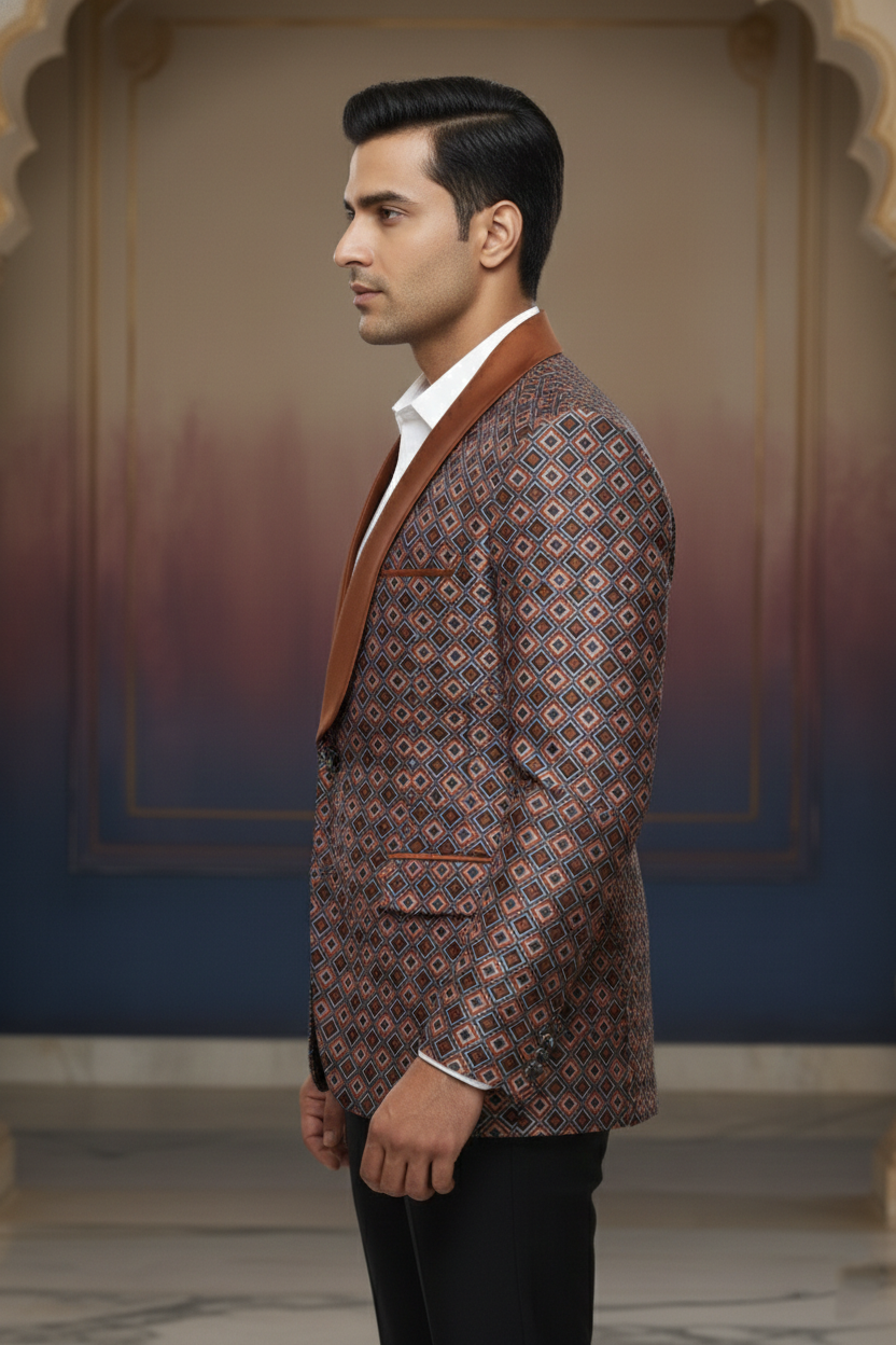 Geometric Diamond-Pattern Jacket with Satin Lapels