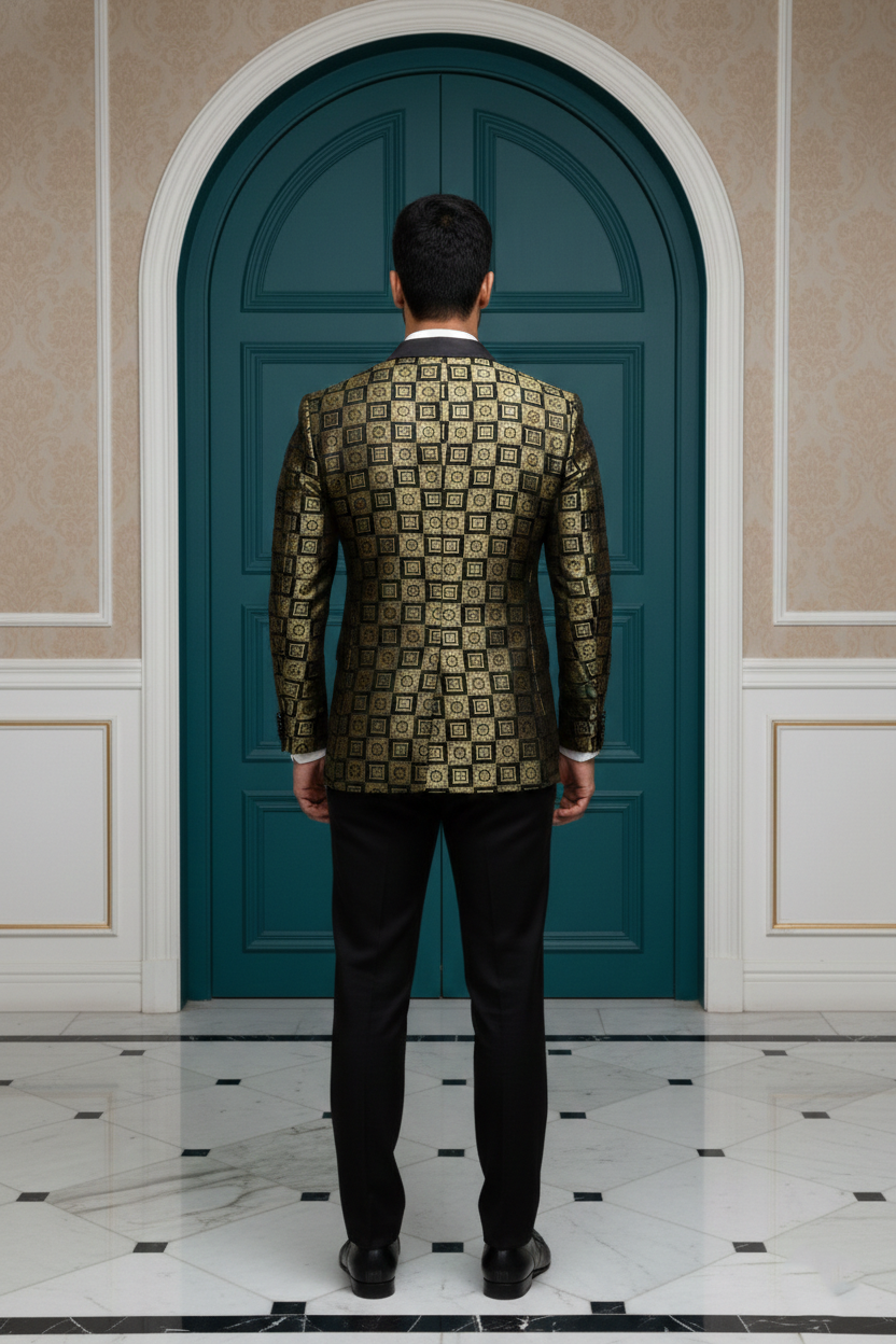 Men's Designer Gold and Black Geometric Brocade Blazer , Luxury Slim-Fit Party Wear Dinner Jacket with Satin Peak Lapel