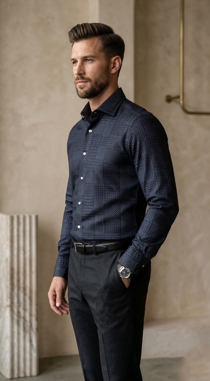 Men's Midnight Indigo Multi-Textural Jacquard Masonry Shirt