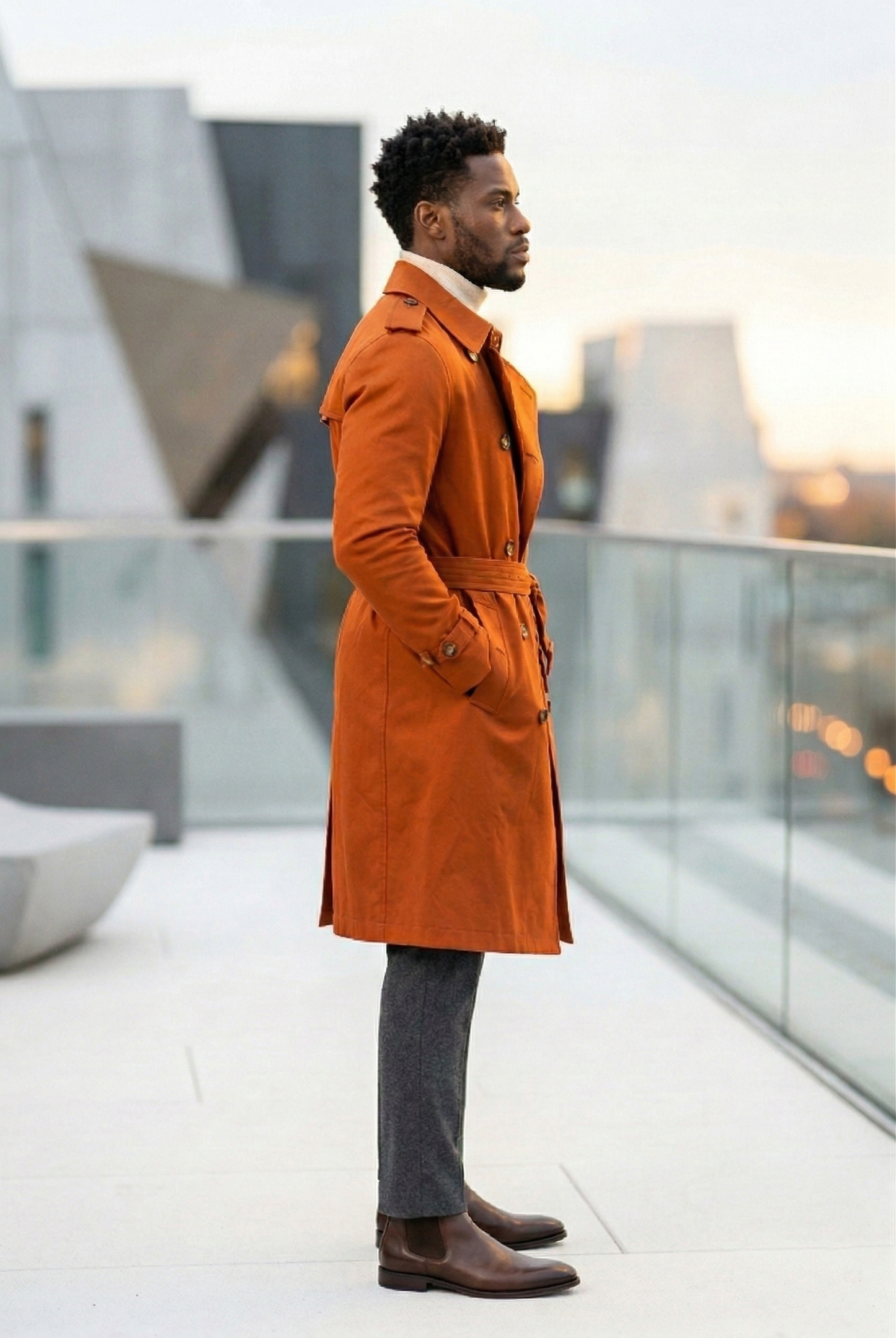 Men'sBurnt Orange Double-Breasted Long Trench Coat