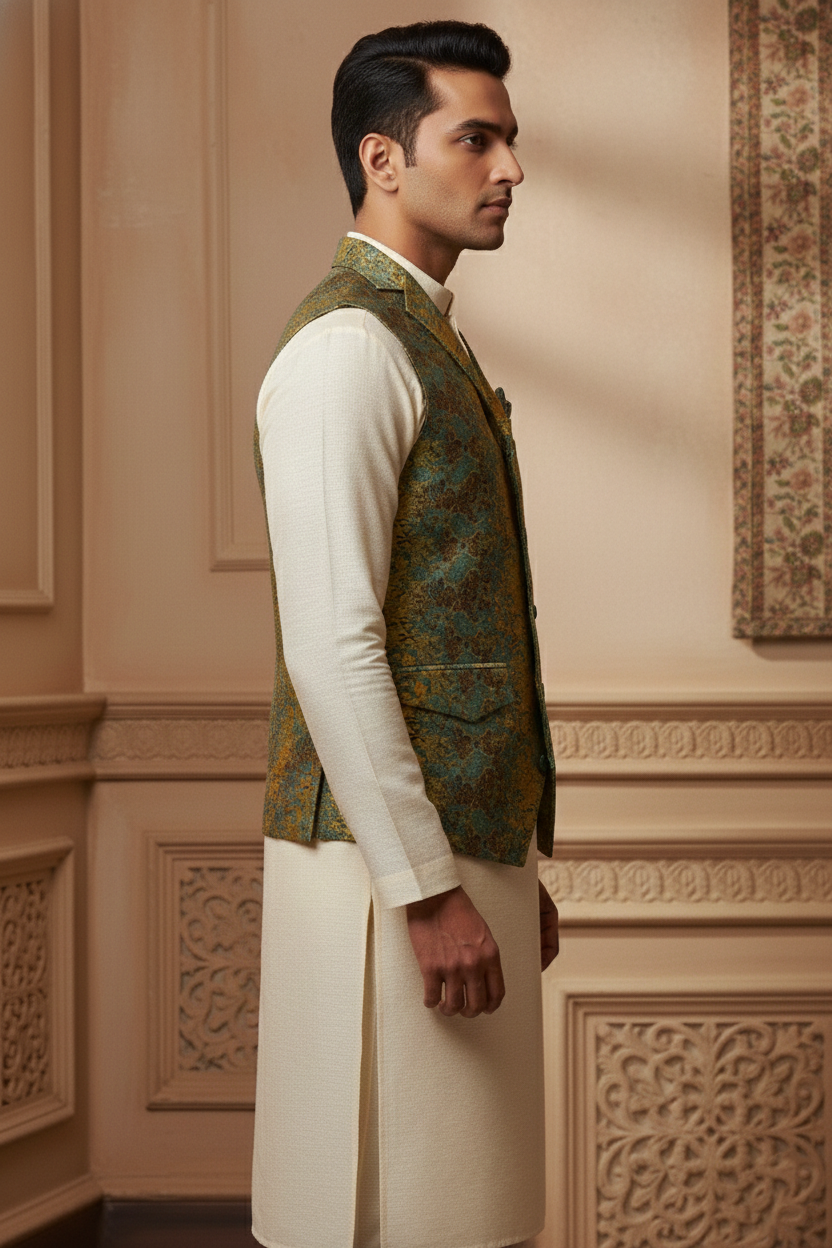 Men’s Yellow, Blue & Brown Jacquard Silk Waistcoat with Notch Lapel | Slim Fit Festive Vest