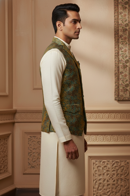 Men’s Yellow, Blue & Brown Jacquard Silk Waistcoat with Notch Lapel | Slim Fit Festive Vest