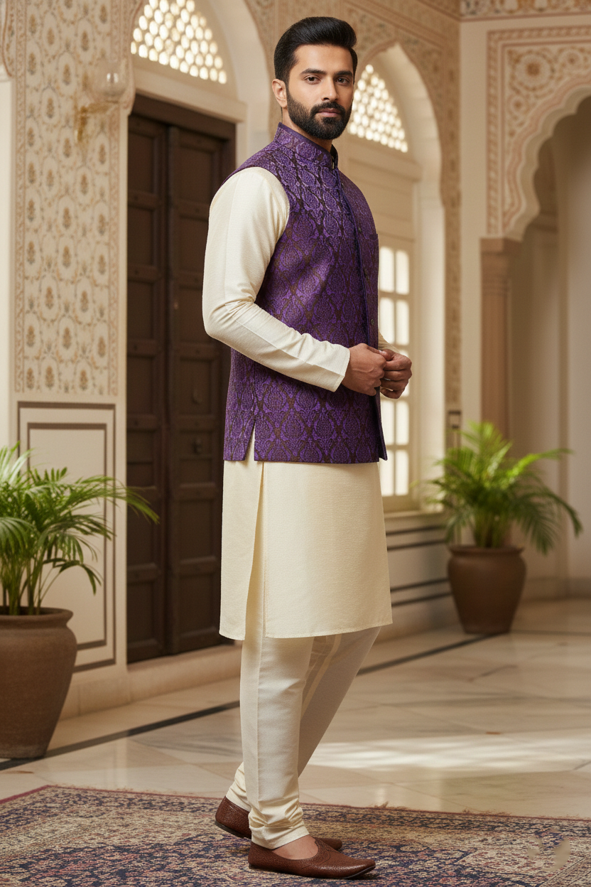 Purple Brocade Nehru Jacket with Cream Kurta Set