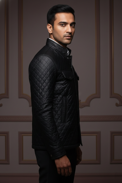 Men's Premium Quilted Diamond-Stitch Polyester Taffeta Jacket , Slim Fit Mock Neck Bomber with Utility Pockets