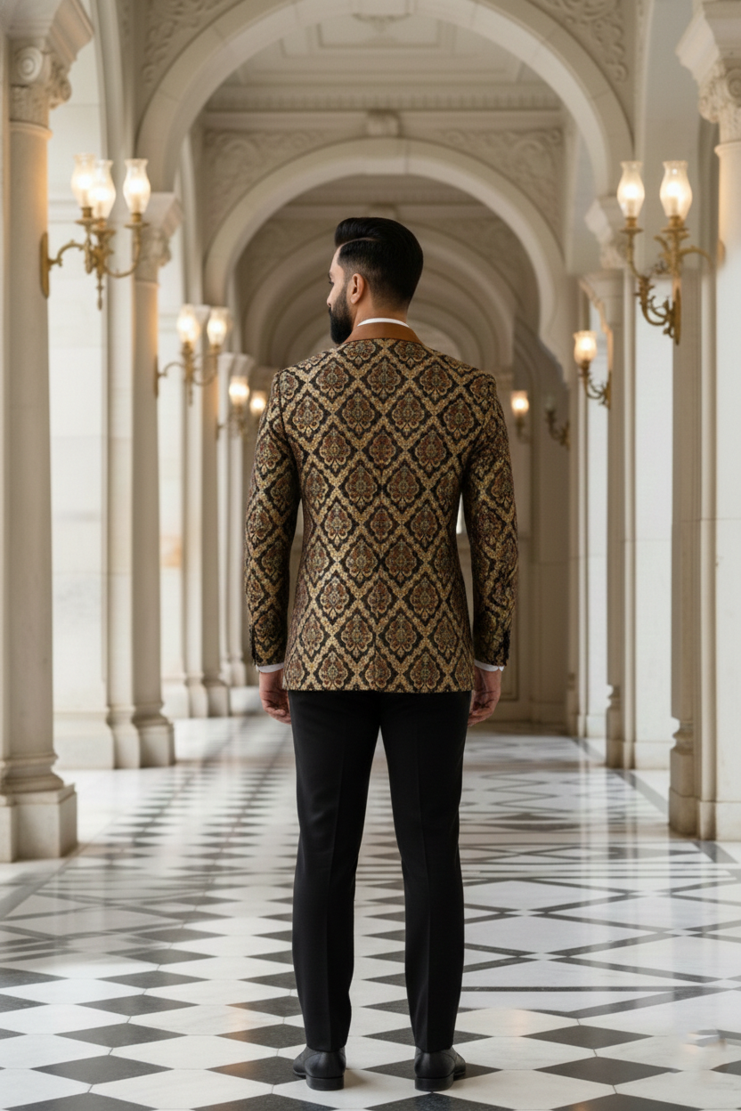 Men'sHeritage Brocade Tuxedo Blazer with Contrasting Copper Shawl Lapel