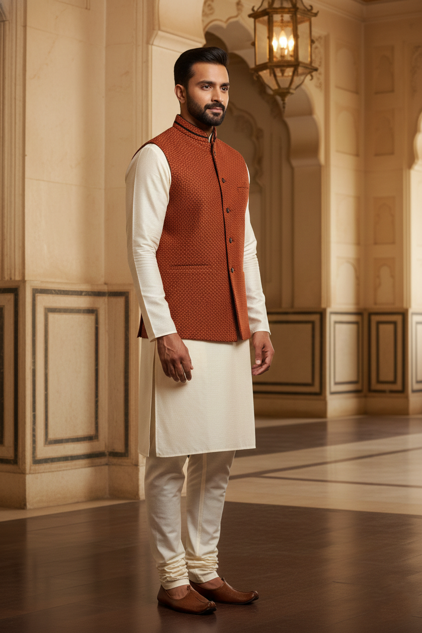 Men's Rust Orange Textured Nehru Jacket – Slim Fit Ethnic Modi Waistcoat for Weddings & Formal Events