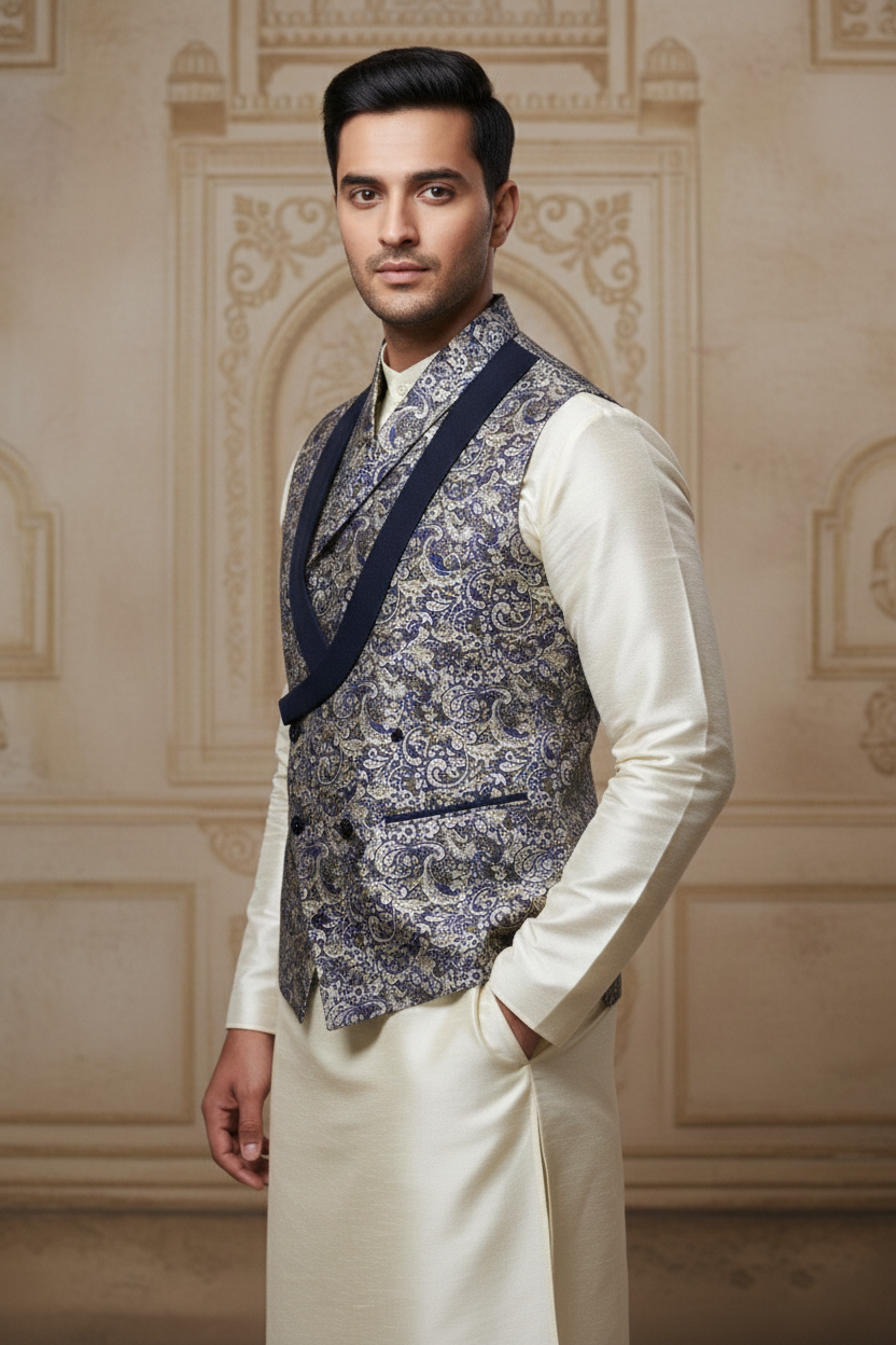 Men’s Navy Blue Paisley Designer Waistcoat | Festive & Party Wear Slim Fit Vest