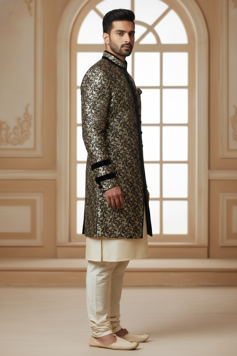 Black & Gold Floral Sherwani