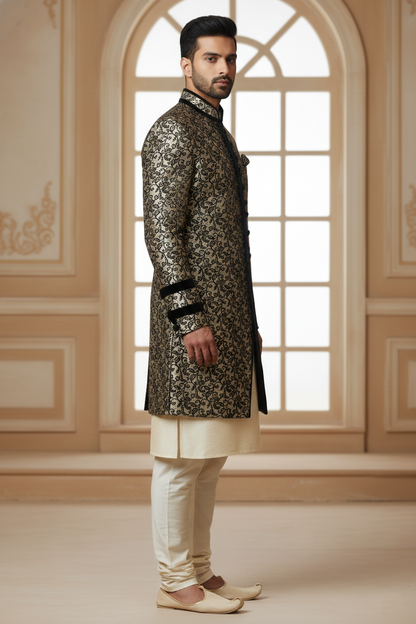 Black & Gold Floral Sherwani