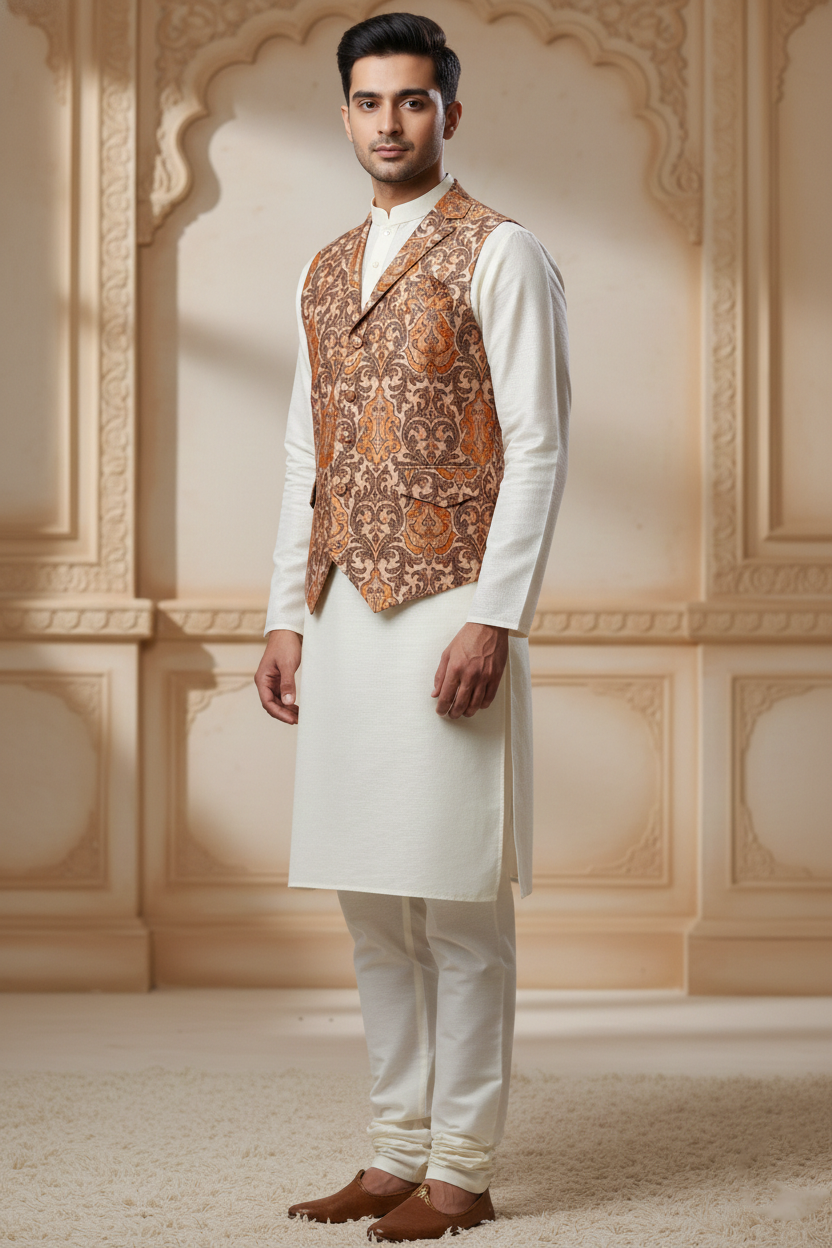 Men's Tan & Brown Damask Brocade Nehru Jacket – V-Neck Lapel Wedding Waistcoat | Ethnic Party Wear Modi Jacket