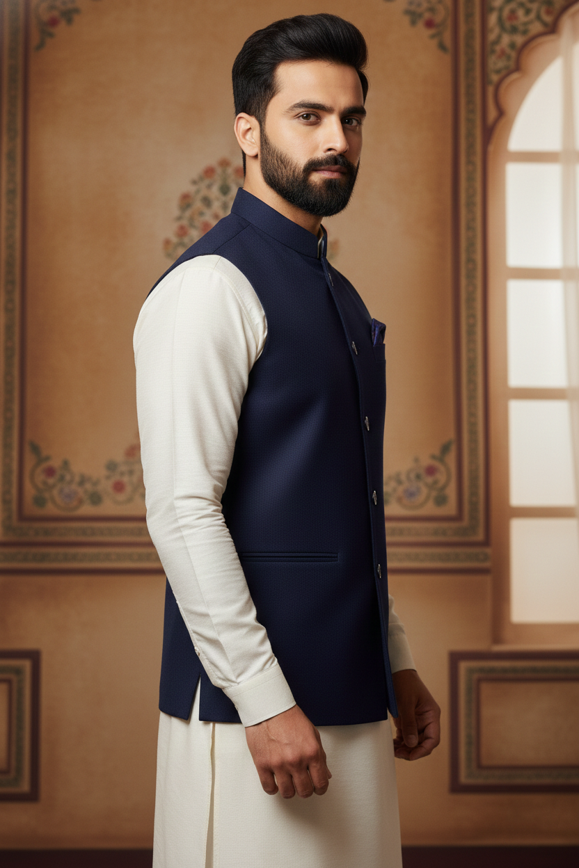 Men’s Navy Blue Nehru Jacket with Ivory Kurta