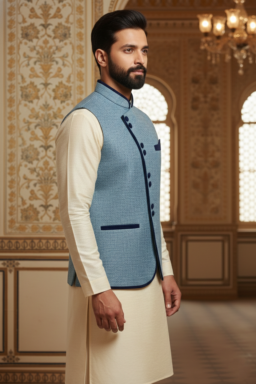 Light Blue Textured Nehru Jacket with Dark Blue  Trim & Cream Kurta Set