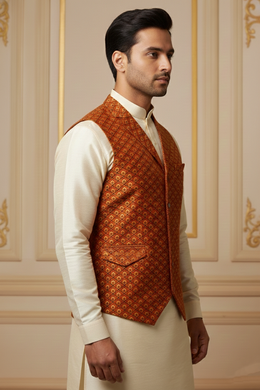 Men’s Red Nehru Jacket with Yellow Dots Work | Festive Ethnic Waistcoat for Weddings & Celebrations