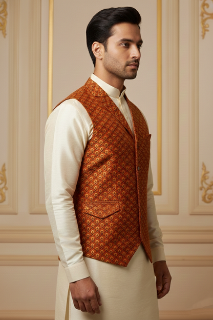 Men’s Red Nehru Jacket with Yellow Dots Work | Festive Ethnic Waistcoat for Weddings & Celebrations