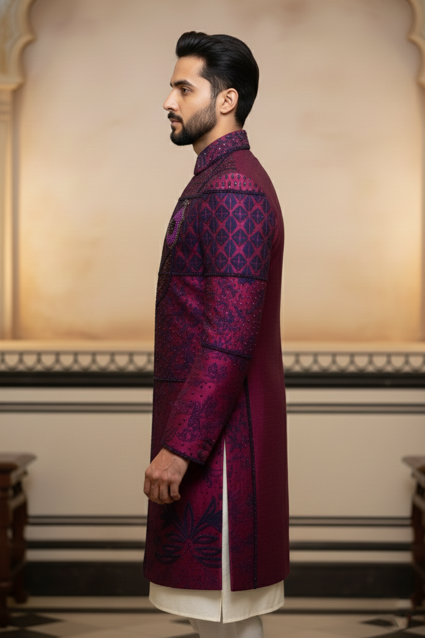 Men'sWine Embroidered Designer Sherwani