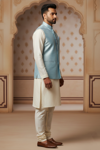 Men’s Light Blue Nehru Jacket with White Contrast Lining | Ethnic Waistcoat