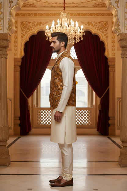 Men’s Mustard Brown Floral Designer Waistcoat | Slim Fit Festive & Party Wear Vest