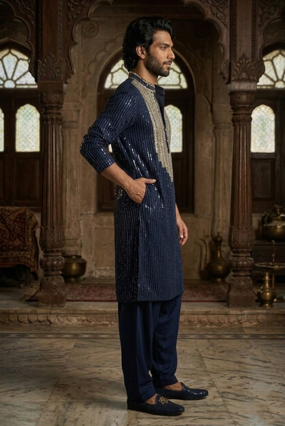 Navy Blue Heavy Sequin Designer Kurta Pajama