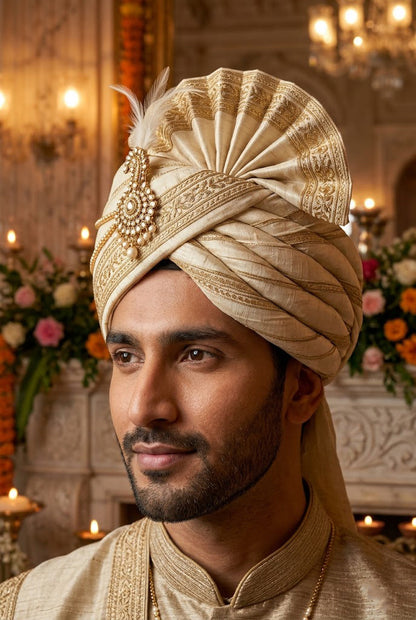 Royal Beige Silk Groom Turban with Gold Zari Border