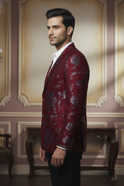 Imperial Maroon Floral , Luxe Evening Blazer