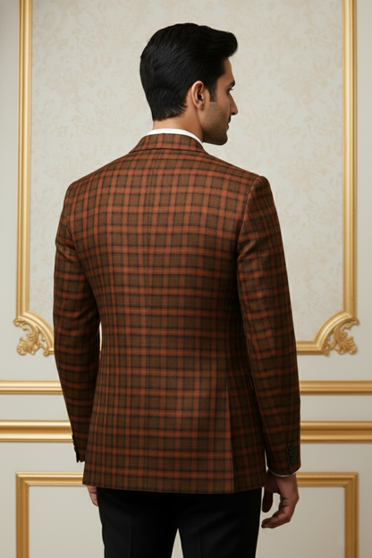 Men'sPremium Rust Orange & Black Checkered Blazer , Slim-Fit Textured Formal Sport Coat