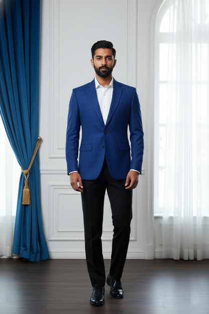 Men's Royal Blue Slim Fit Checked Blazer