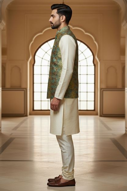 Men’s Teal Printed Nehru Jacket Kurta Pajama