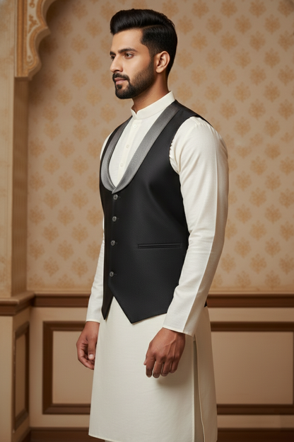Modern Black Shawl Lapel Waistcoat with  Cream Kurta Set
