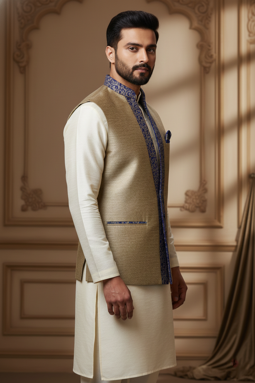 Beige Waistcoat with Blue Embroidered Trim &  Cream Kurta Set