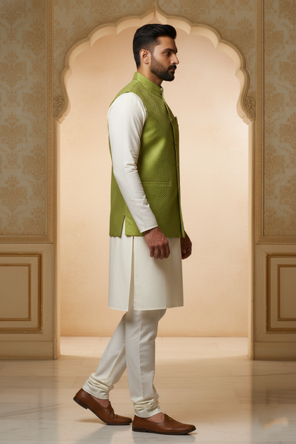 Men’s Dark Green Nehru Jacket with Textured Fabric | Ethnic Waistcoat