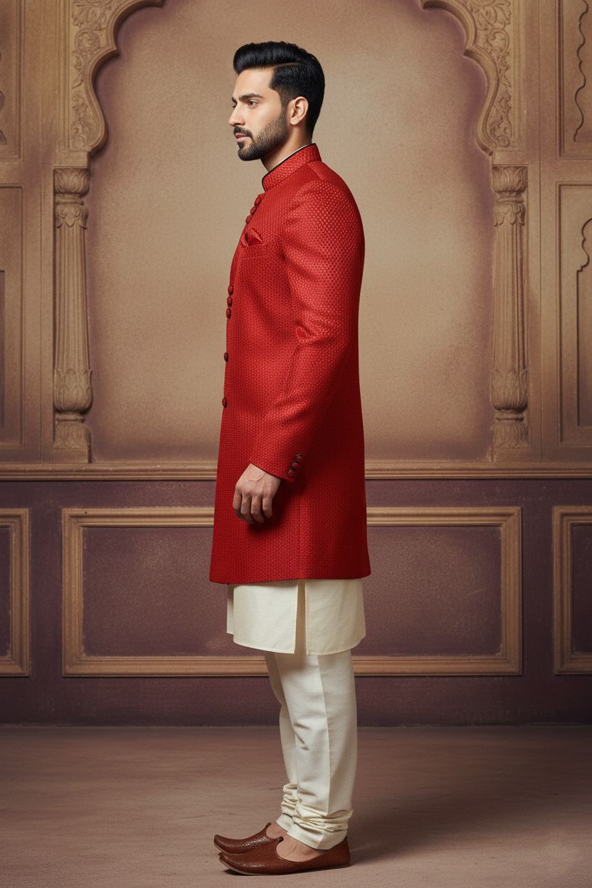 Red Textured Sherwani with Emblem