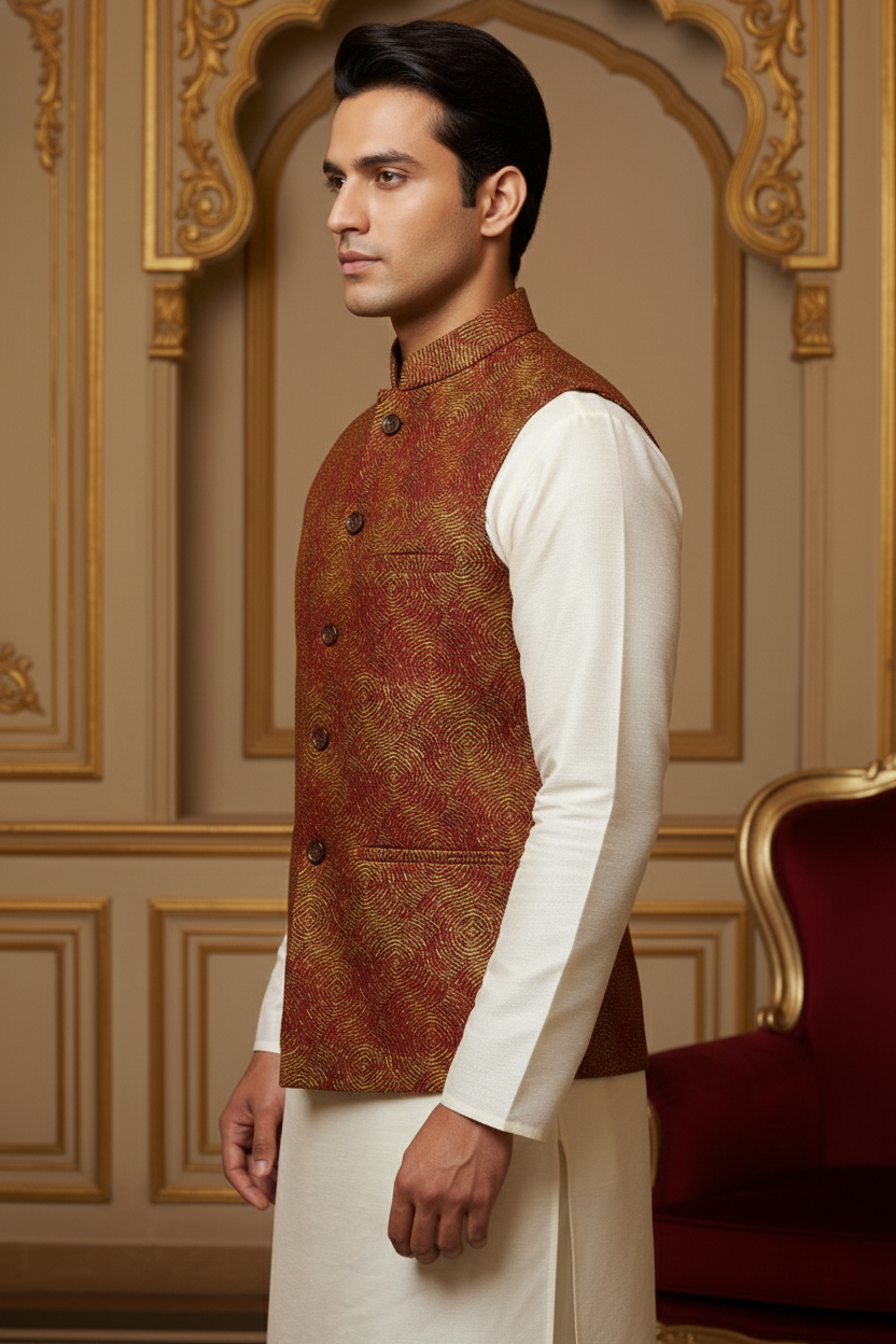 Men’s Maroon Printed Nehru Jacket with Ivory Kurta