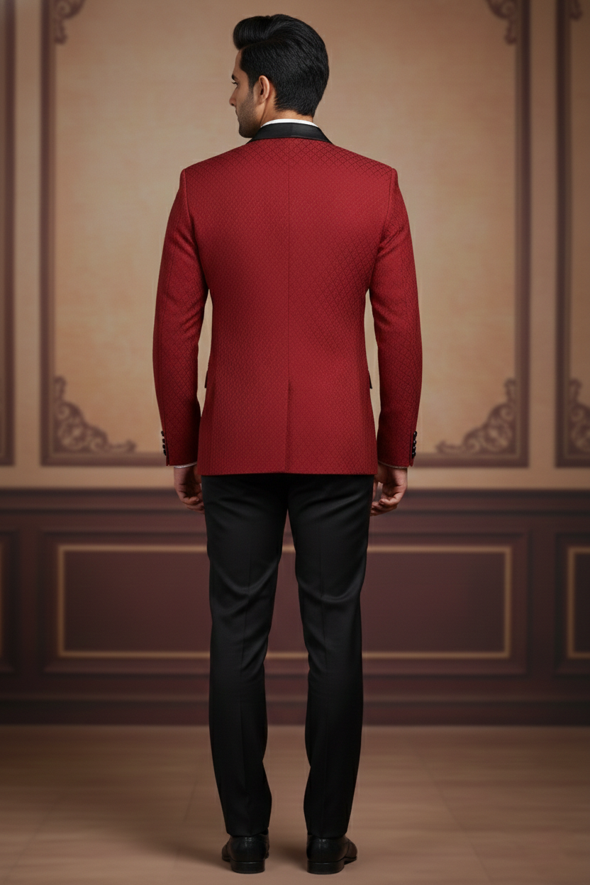 Men's Maroon Textured Jacquard Tuxedo Blazer