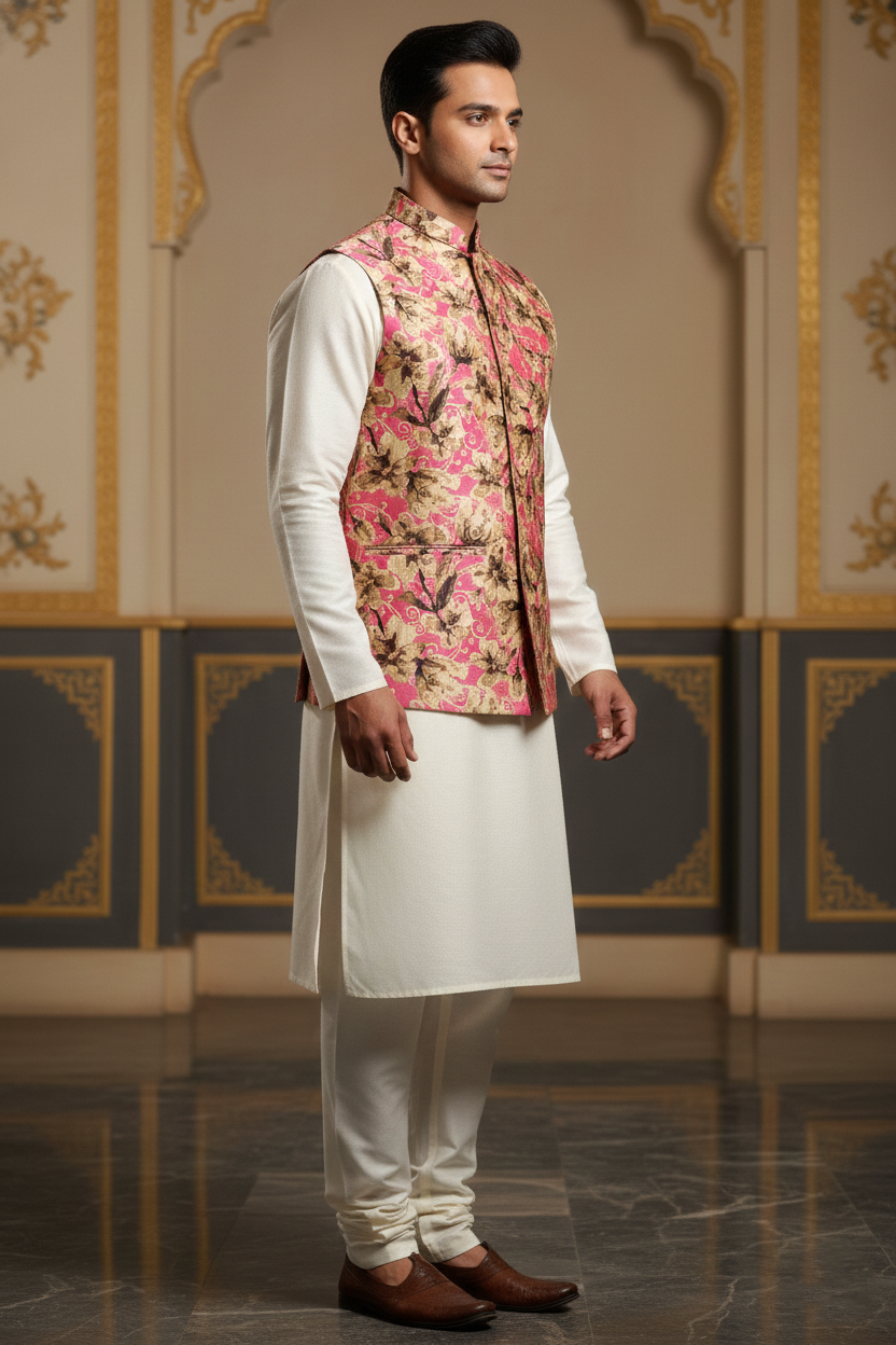 Title: The Pink Petal Path: Modern Floral Nehru Jacket and Silk Ensemble