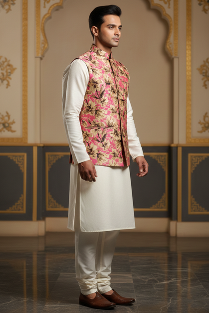 Title: The Pink Petal Path: Modern Floral Nehru Jacket and Silk Ensemble