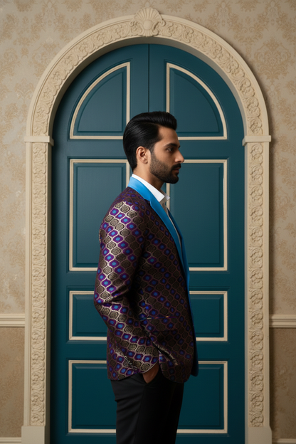 Man in Luxury Purple and Blue Patterned Brocade Blazer with Teal Lapels