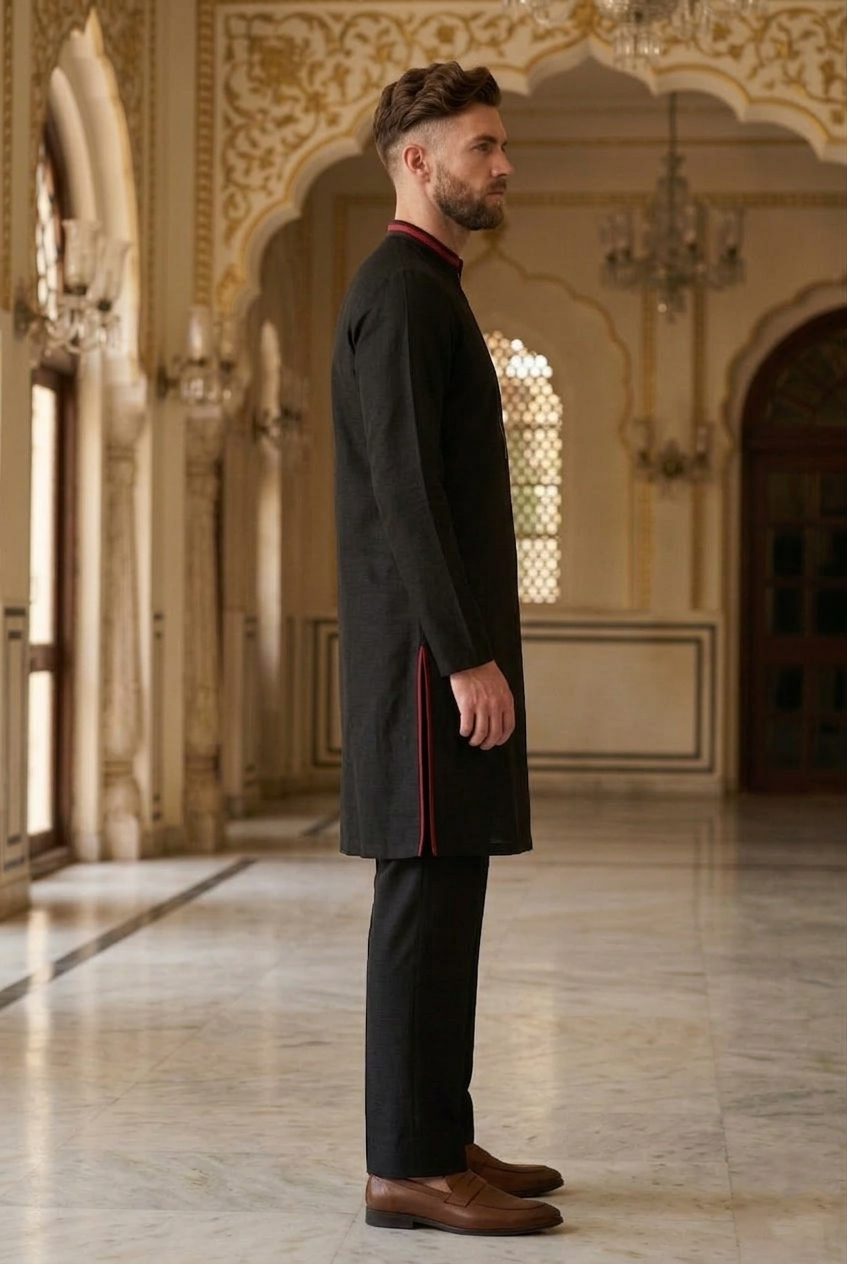 Men's Black Embroidered Tiger Motif Designer Kurta Pajama