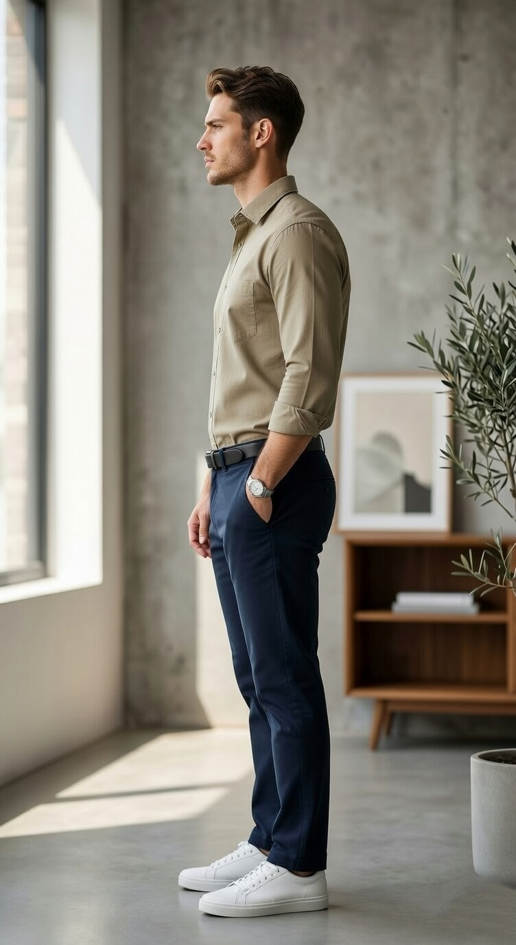 Men'sSlim-Fit Khaki Cotton Oxford , The Essential Casual Button-Down