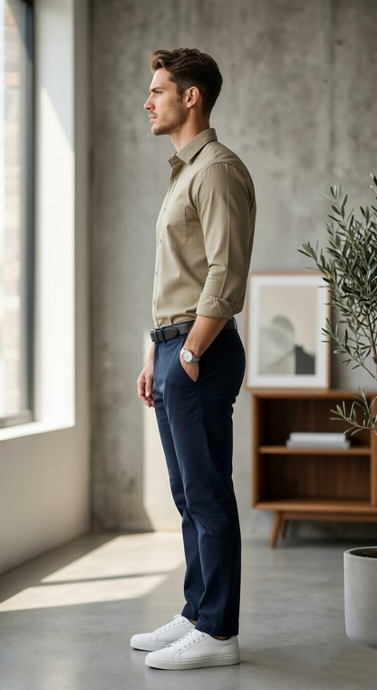 Men'sSlim-Fit Khaki Cotton Oxford , The Essential Casual Button-Down
