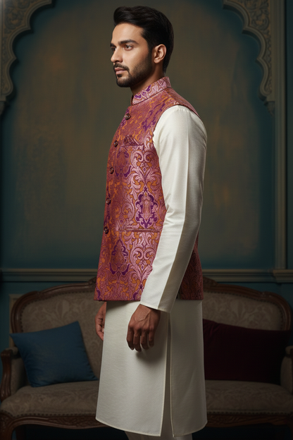 Men’s Wine Printed Nehru Jacket with Ivory Kurta